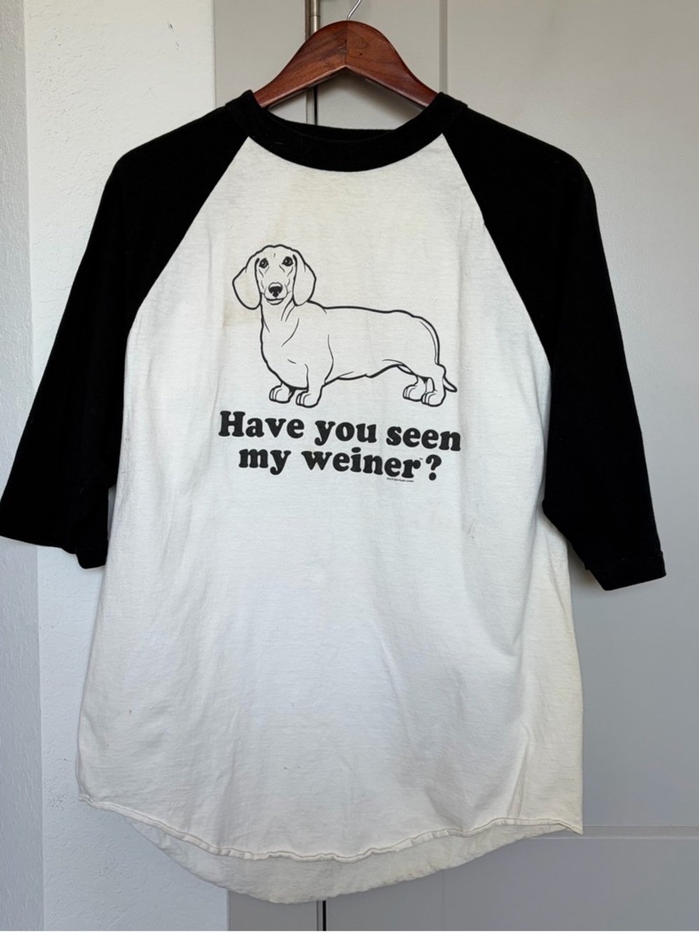 VTG 2004 RIPPLE JUNCTION HAVE YOU SEEN MY WEINER DOG RAGLAN GRAPHIC TSHIRT MEN L